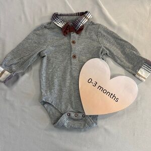 Max Studio - 0-3M Grey Long Sleeve Baby Onesie Top with Plaid Collar